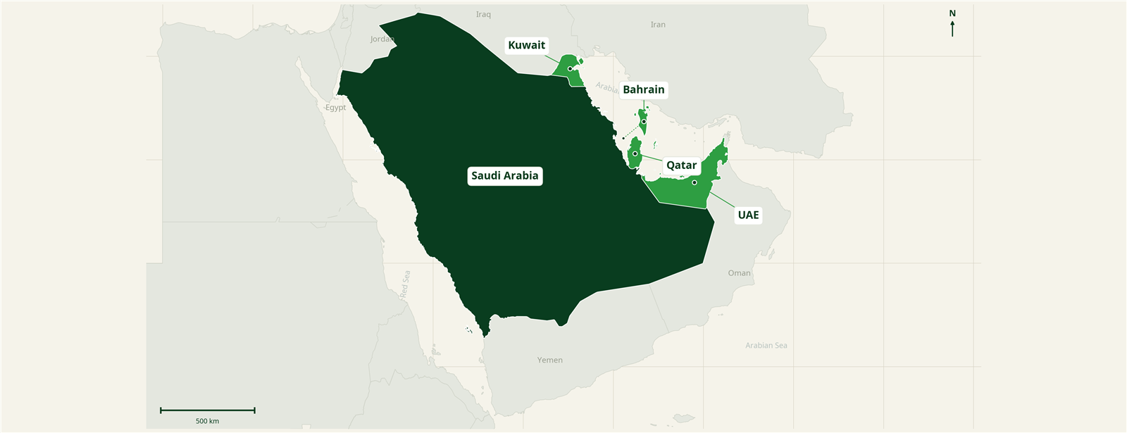 Map of our five GCC export markets: Saudi Arabia, UAE, Bahrain, Kuwait and Qatar